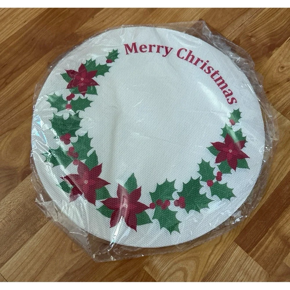 Remerry Poinsettia Round Christmas Placemats Set of 8,Flower Xmas Red Embroidere